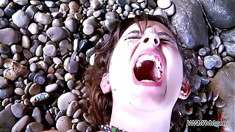 Myfirstpublic Mouth contents with cum on the beach