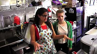 Young blonde Alani Pi has job interview as barista  convenient Penny Barber's  quick-service coffee shop