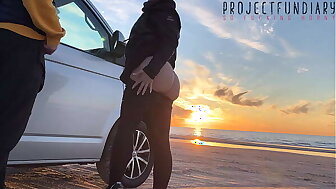 magical sunset sex in front beach - risky public quickie with girl in tight yoga leggings, projectfundiary